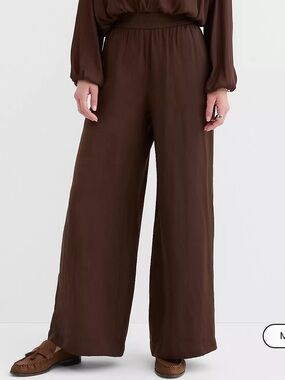LOFT Satin Wide Leg Pull On Pants Chocolate Brown Silky Lounge Career NWT Small